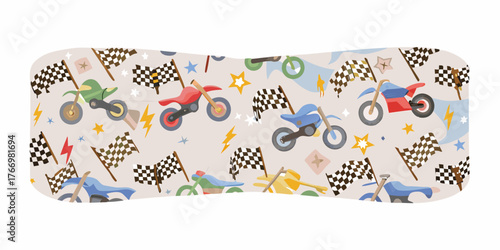 Whimsical motocross race pattern with checkered flags and stars for kids
