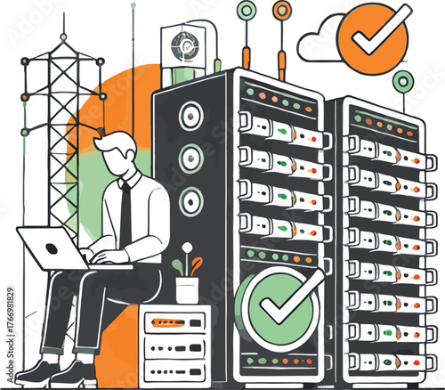 Man using laptop near server racks and cell tower data center
