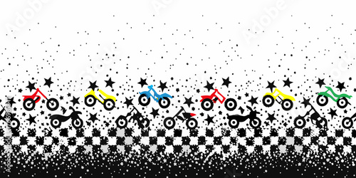 Vibrant motocross motorcycles racing with stars and checkered flag border on white background