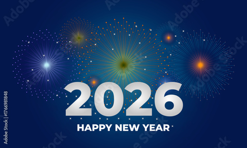 2026 Happy New Year Fireworks Celebration Poster Design Festive Greeting Card Blue Background Silver Typography Vector.