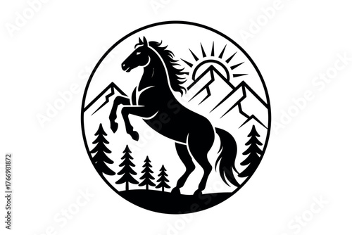 Vector art of silhouette of a rearing horse in a circle with mountains and trees