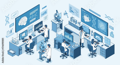 Isometric illustration of a modern scientific research laboratory with multiple scientists working on computers, analyzing data, brain scans, and DNA structures on large screens.