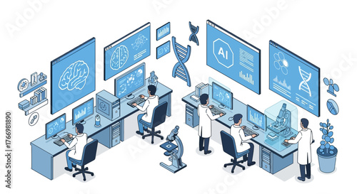 Isometric view of a modern laboratory with scientists working on computers and analyzing data.