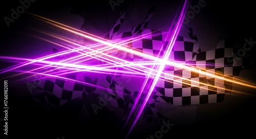 Dynamic neon purple and orange light beams intersect over abstract checkered flags on a dark background