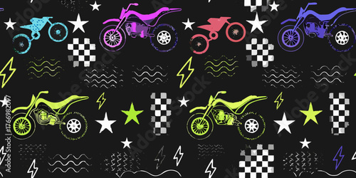 Vibrant motocross motorcycle pattern with stars lightning bolts and checkered flags on black background
