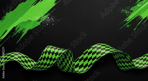 Vibrant lime green and black checkered ribbon swirls against a dark backdrop with energetic paint splatters