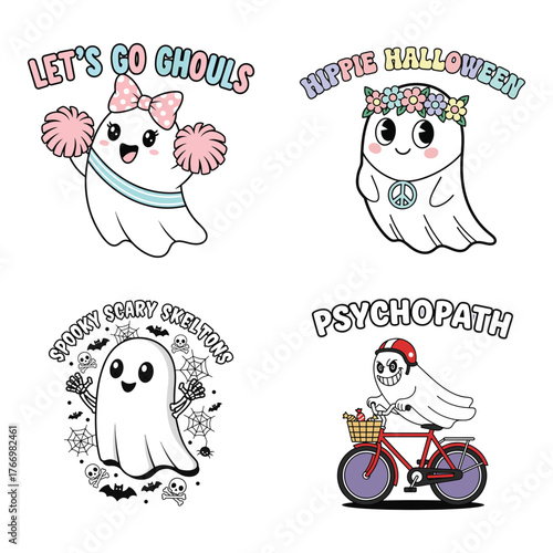 Four cute kawaii ghosts in different halloween outfits and poses with fun text