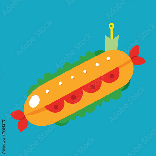 Orange sub sandwich with red fins and green lettuce