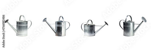 Metal Watering Cans Set. Gardening Tools And Plant Care Collection Isolated On Transparent Background