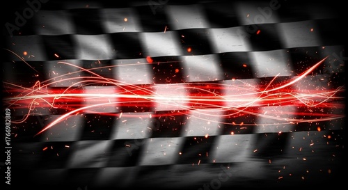 A dynamic checkered flag background with vibrant red glowing streaks and scattered sparks, conveying speed and victory