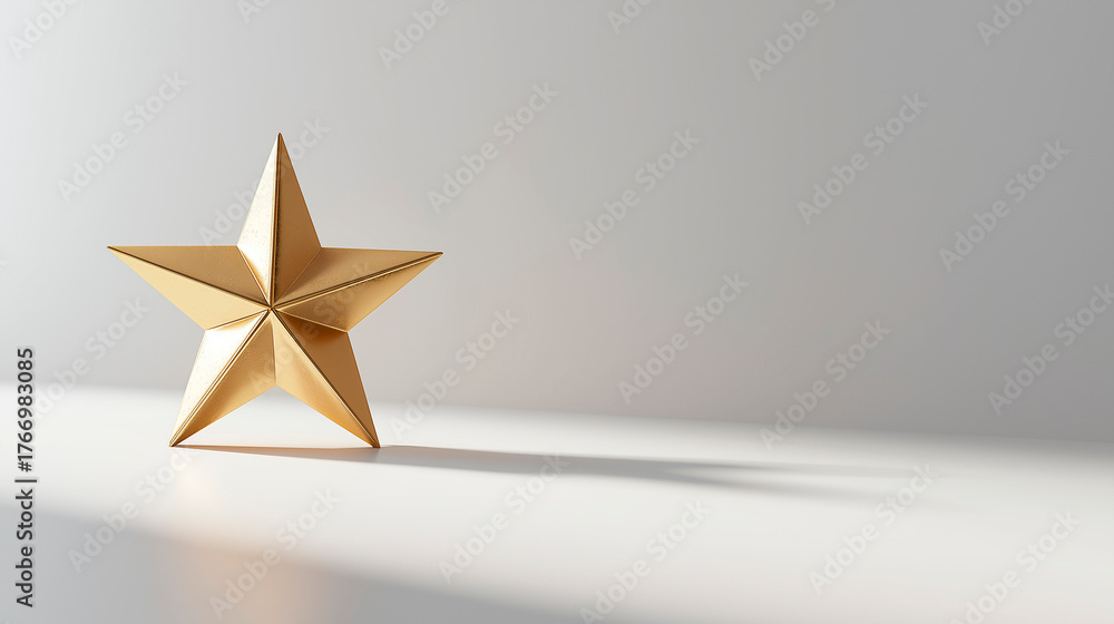 Fototapeta premium Single golden star resting on a smooth white surface with soft shadows