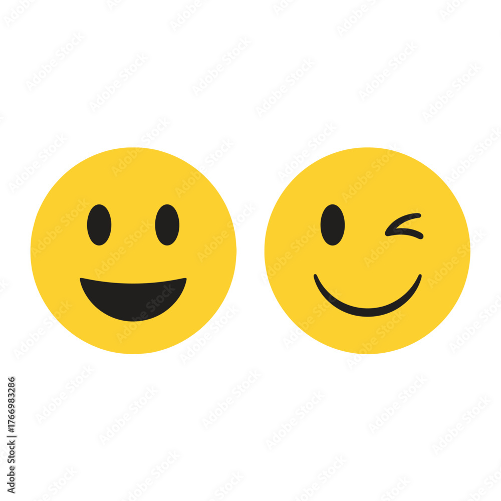 Fototapeta premium Two yellow smiley faces, one winking, against a white background.
