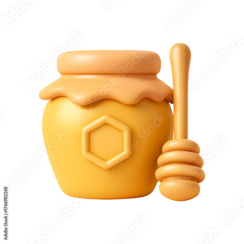 Cute 3d honey jar with honey dipper isolated on transparent background
