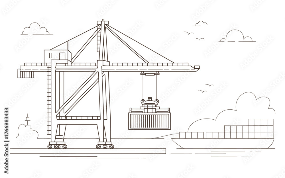 Fototapeta premium Port Crane Lifting Container on Ship Line Art vector