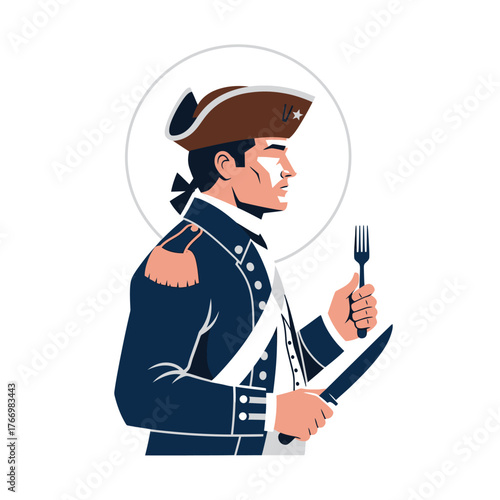 Hungry patriot soldier in a blue uniform and tricorn hat, holding a knife and fork, ready to eat.