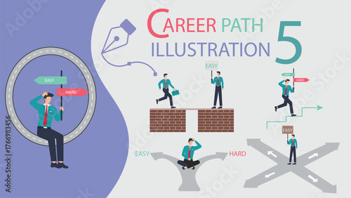 Career Path Illustration  Businessman Choosing Easy or Hard Way for Success Vector