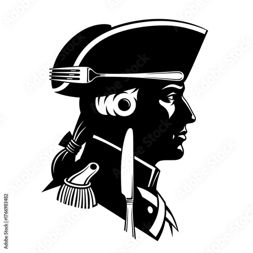 Stylized profile of a historical commander in a bicorne hat, cleverly integrated with a fork and knife.