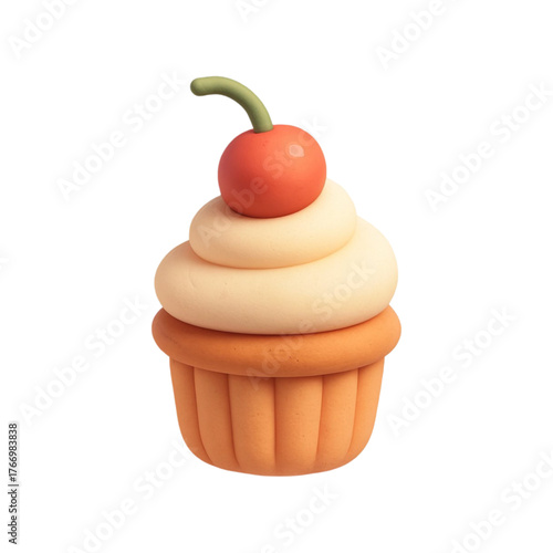 Cute clay cupcake with cherry on top isolated on transparent background