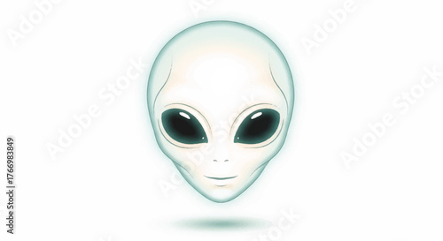 A digital illustration of a smiling alien head mascot with large black eyes and a subtle green glow on a plain white background.