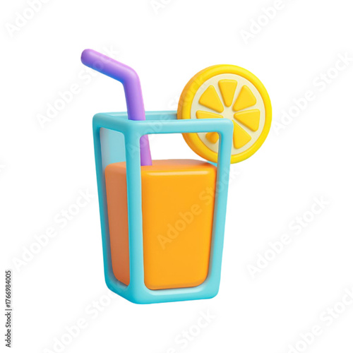 3d rendered orange juice drink with lemon slice and straw isolated on transparent background