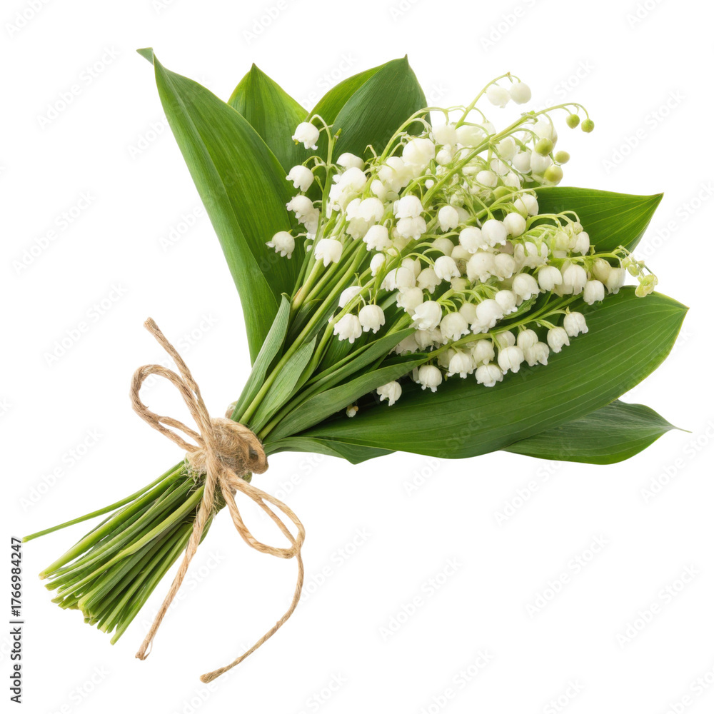 Obraz premium A bouquet of delicate white lily of the valley flowers with lush green leaves tied together with twine