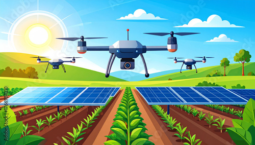 Modern farm leveraging smart agriculture drones for efficient crop management and sustainable solar energy solutions in a sunny rural settin