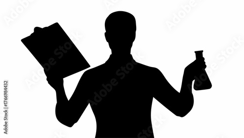 Silhouette of scientist holding clipboard and flask in a laboratory setting for scientific research work