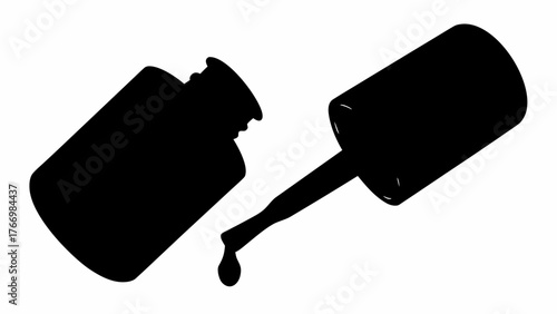 Silhouette of open nail polish bottle with applicator and a drop of polish on a white background