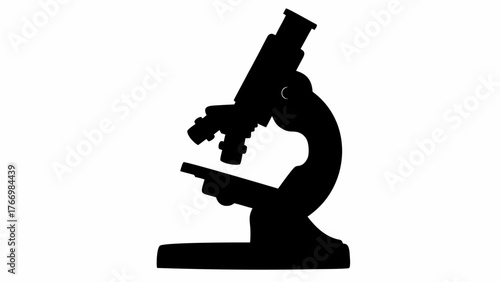 Silhouette of a microscope with eyepiece, objective lenses, and stage on a white background for scientific use