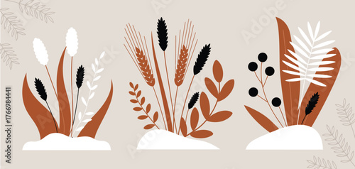 Winter seasonal vector set featuring dried meadow grass under snow – natural floral elements for realistic cards, posters, banners, fabric prints, patterns, and flat illustration design.