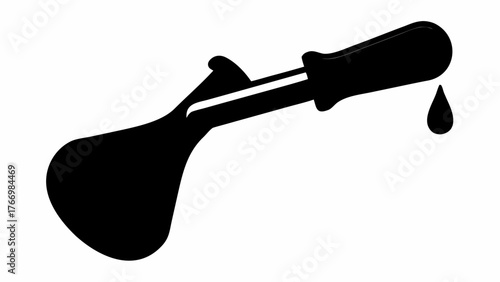 Black and white illustration of a dropper with a single drop falling down from the pipette tip element