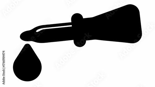 Black silhouette of a dropper with a single drop falling from the tip on a white background image view