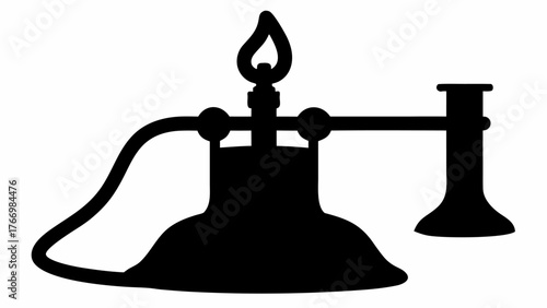 Silhouette of a bunsen burner with a flame and a connected side tube on a white background image