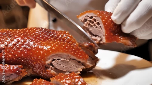 Chef Slicing Crispy Peking Duck With a Knife in a Restaurant
