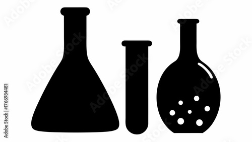 Three laboratory flasks with different shapes and sizes are arranged in a single row on white space