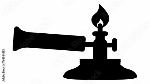 Silhouette of a bunsen burner with a visible flame and gas control valve on a white background scene