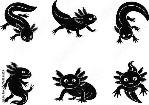 Axolotl silhouette illustrations, aquatic salamander poses, black amphibian icons, stylized animal graphics, biological character design, underwater creature art pack