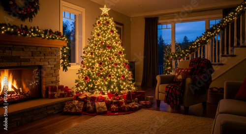 Wallpaper Mural Festive Christmas Living Room with Decorated Tree, Fireplace, and Gifts Torontodigital.ca