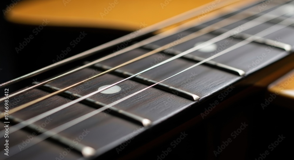 Fototapeta premium Close-up View of Electric Guitar Fretboard and Strings Highlighting Intricate Details of Instrument Craftsmanship and Polished Wood