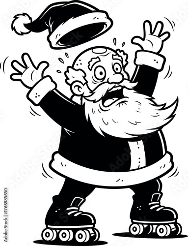 Santa Claus roller skating with hat flying off, looking shocked