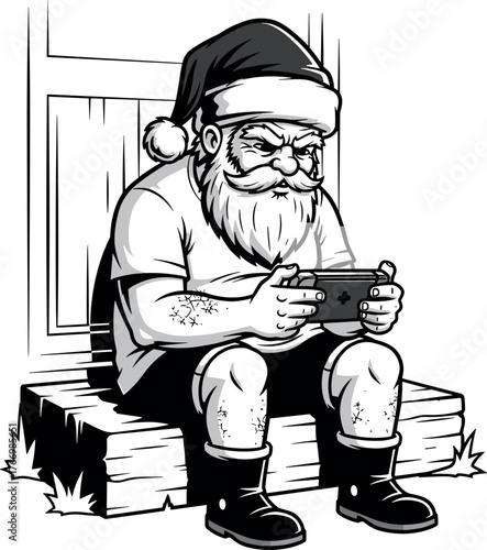Santa Claus playing video games on a porch step
