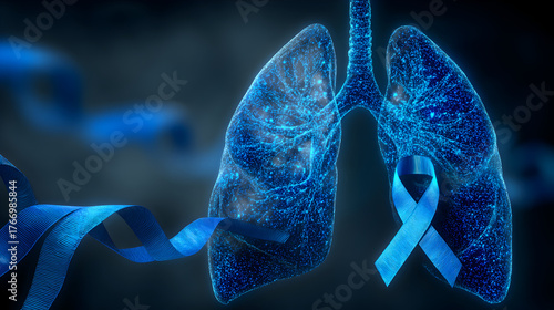 Digital blue lungs with COPD awareness ribbon representing lung disease prevention and respiratory health concept for World COPD Day campaign
