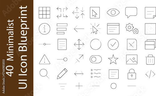 40 Minimalist UI Icon Blueprint Set for Web, App, Navigation, Interface Design, Basic Functions, File Management, and Settings