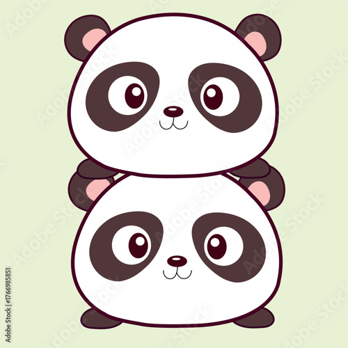 Two cute chubby pandas stacked in kawaii style 