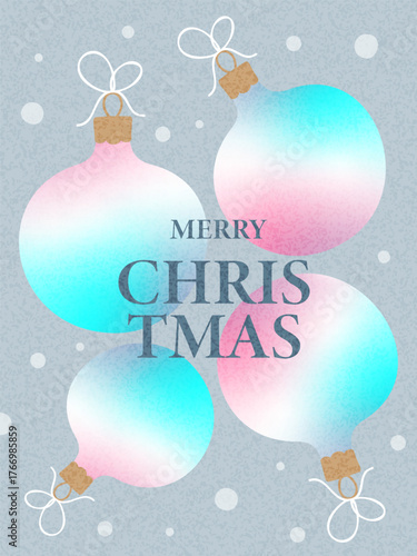 Merry Christmas and greeting card. Modern beautiful Xmas design with typography, gradient, balls, snowflake. Trendy illustration for season banner, poster, cover.