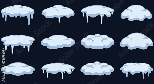Icicles and snow drifts, cartoon vector set, winter decoration clipart