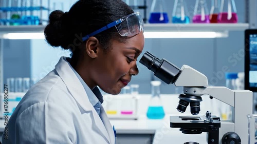 Female Scientist Analyzing Sample Under Microscope in Laboratory