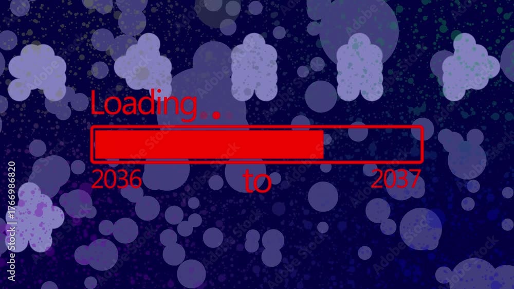 Red loading bar with years 2036 to 2037 on a dark blue background with bokeh effect progress bar