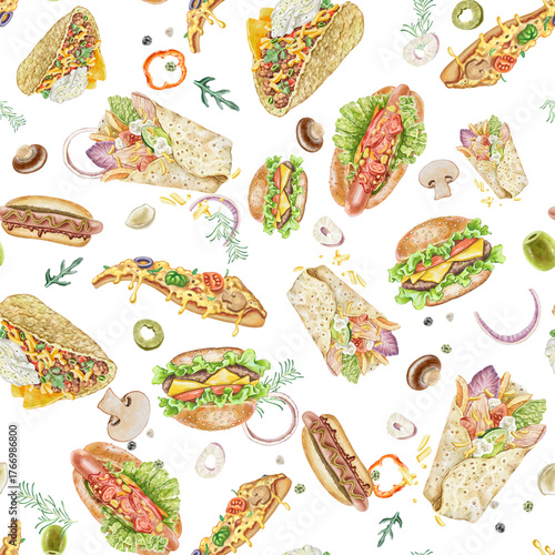 Seamless pattern with fast food illustration. Pizza, hot dogs and burgers painted with watercolor and colored pencils. For printing kitchen textiles, wrapping paper for restaurants and pizzerias.