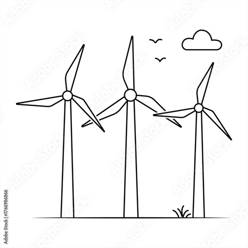 Minimal wind turbine line art vector - renewable energy wind farm illustration — Editable Stroke Design